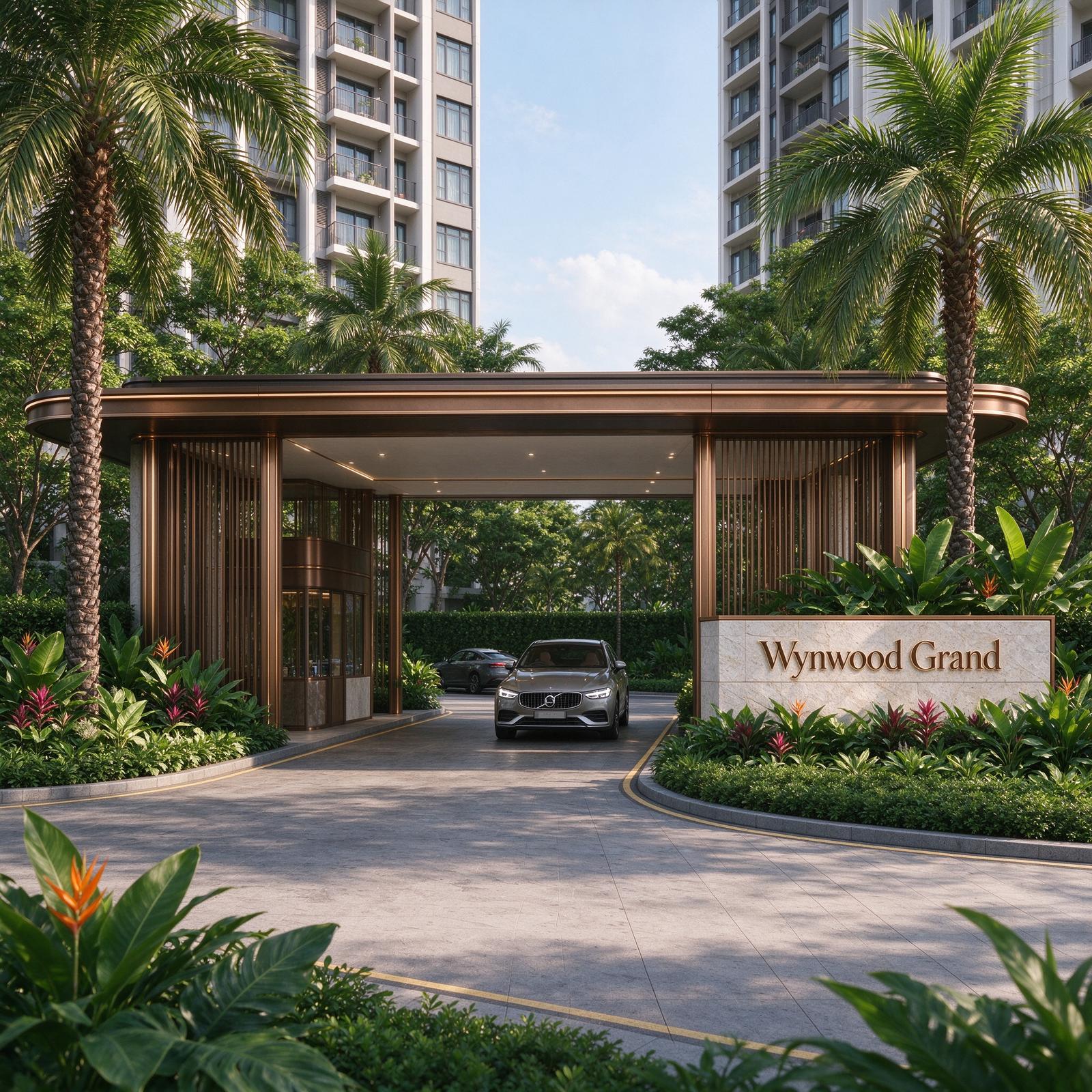 Wynwood Grand covered drop-off entrance with bronze accents and palm trees