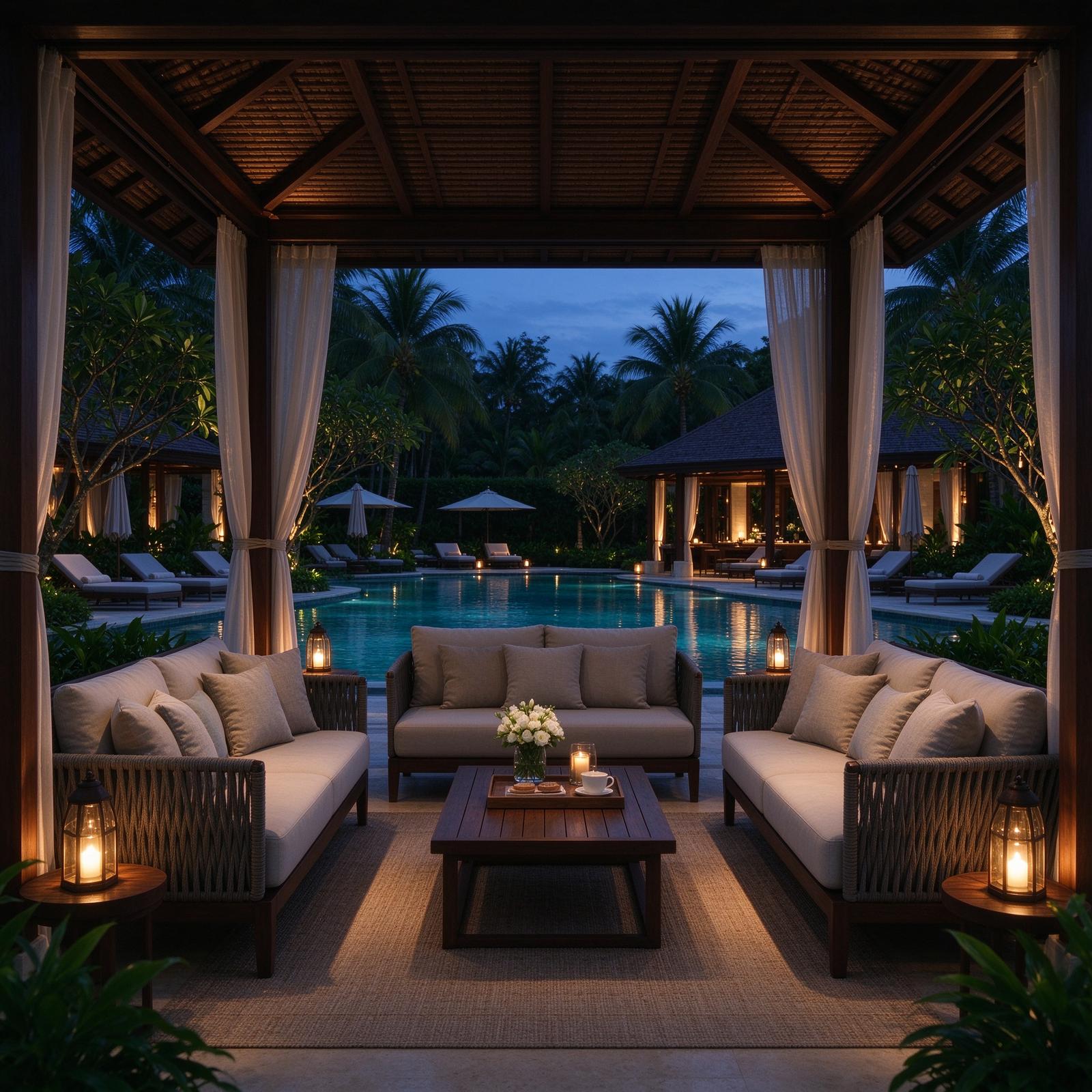 Wynwood Grand poolside cabana lounge at blue hour with warm lanterns